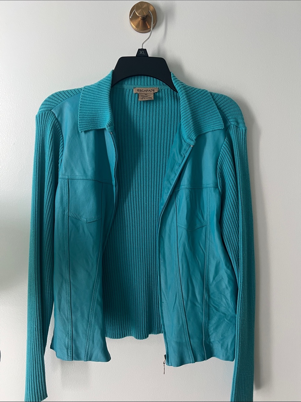 escapada Teal Ribbed Leather-Front Zip Jacket